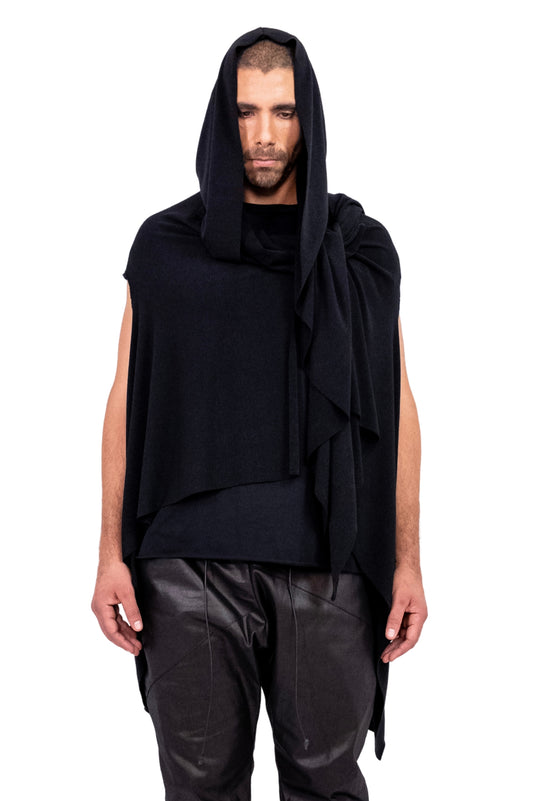 Black Sleeveless BAT Cardigan-Cape with Hood in Jersey Knit