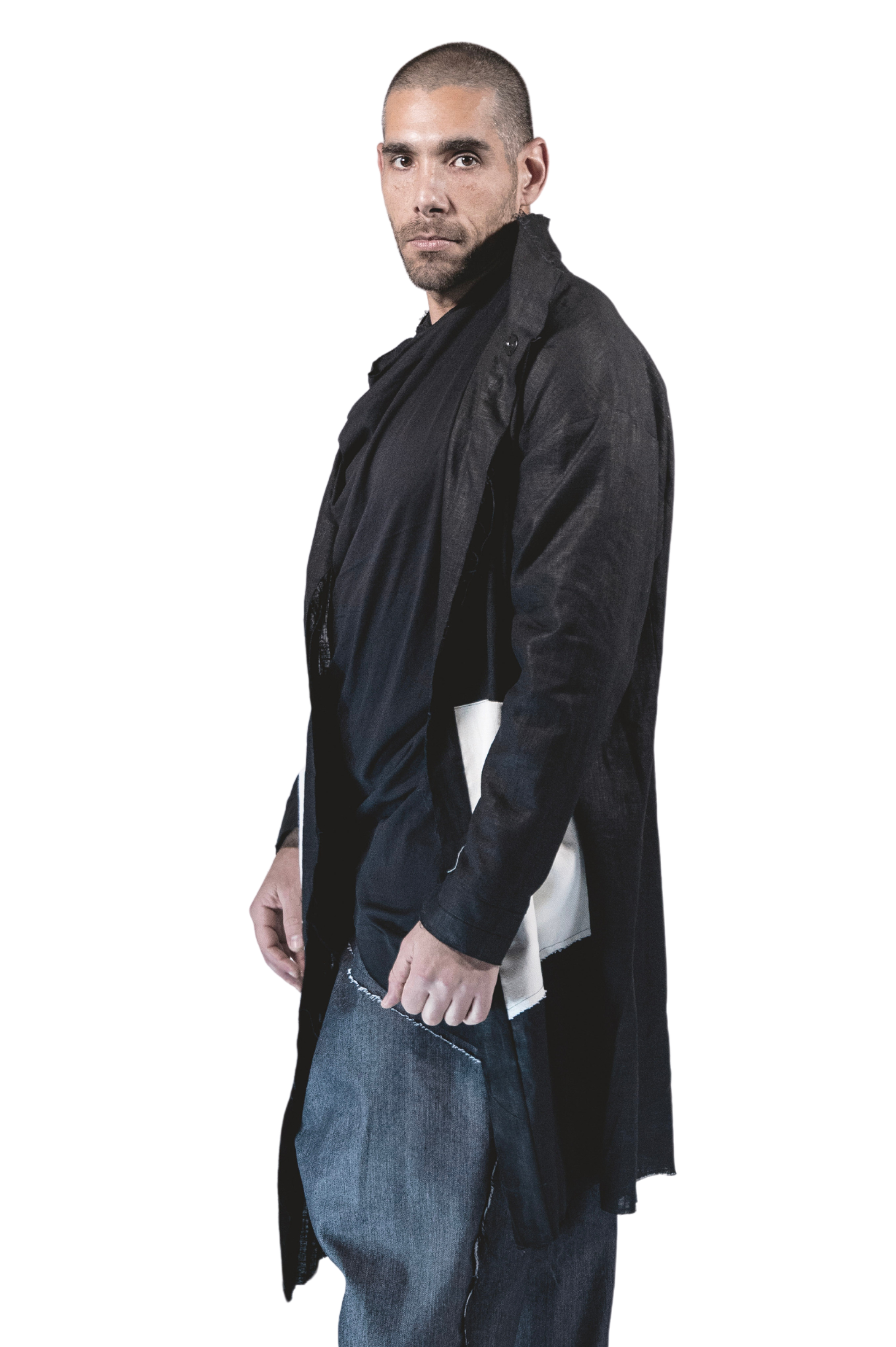 ZHANNAONA cardigan linen black reversible transformable genderfluid unisex artisanal details Barcelona avant-garde