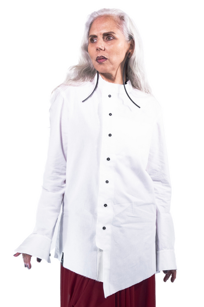 Twins Asymmetrical Shirt with Leather Buttons in WHITE Cotton