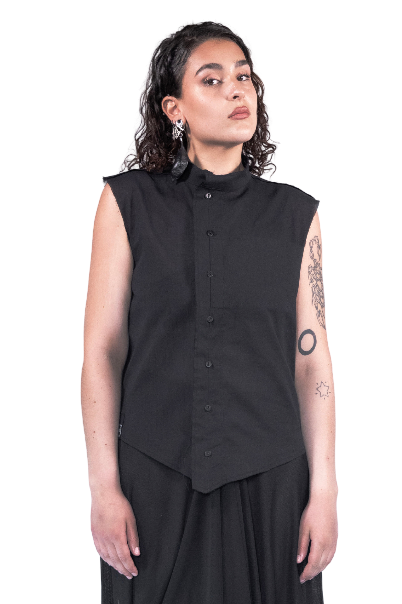 ZHANNAONA shirt cotton black asymmetrical sleeveless with leather buttons genderfluid unisex  Barcelona avant-garde