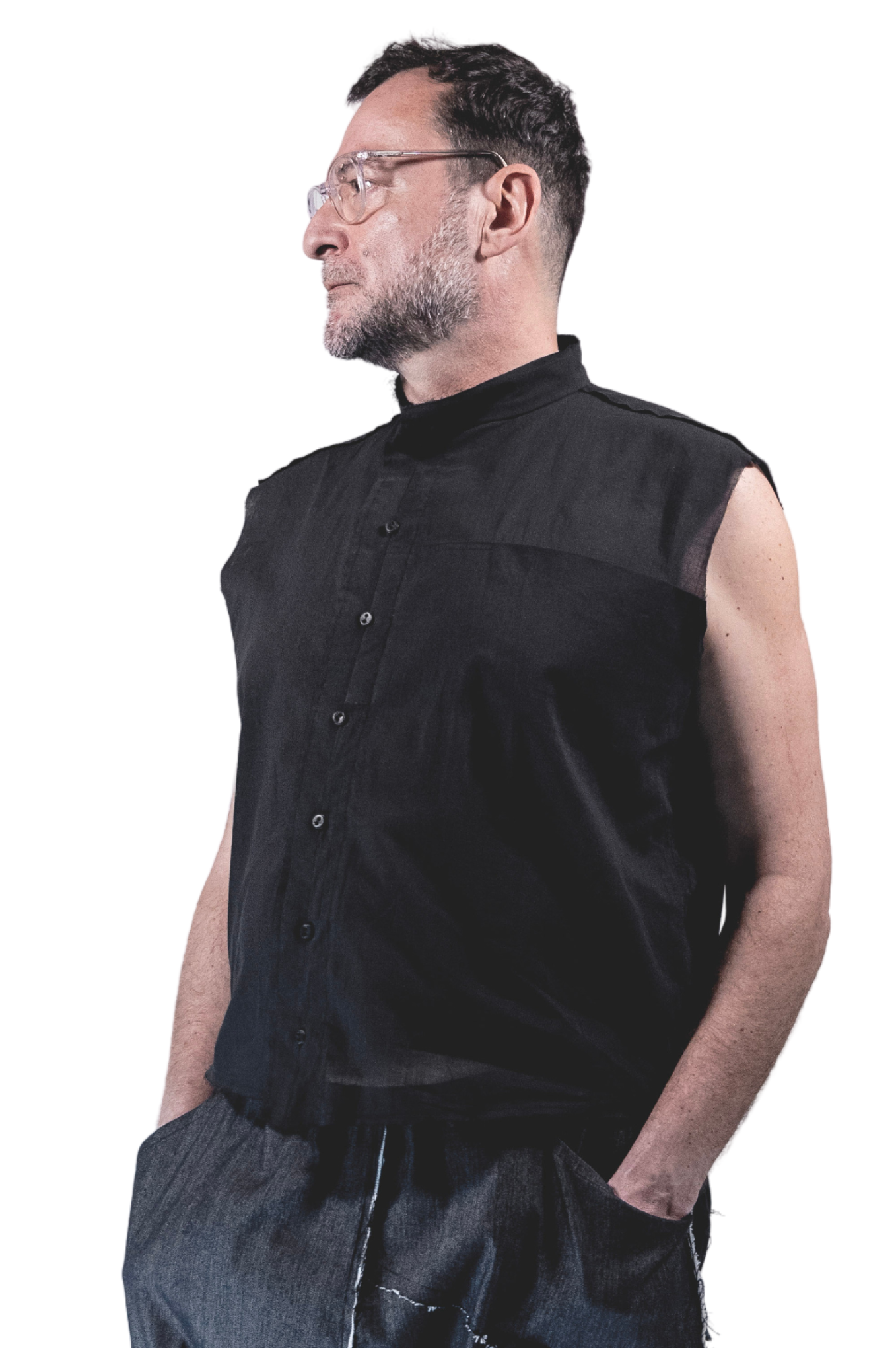 ZHANNAONA shirt cotton black asymmetrical sleeveless with leather buttons genderfluid unisex  Barcelona avant-garde