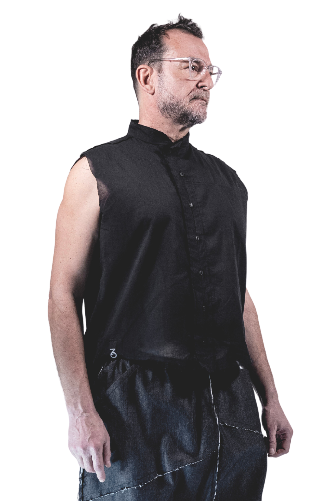 ZHANNAONA shirt cotton black asymmetrical sleeveless with leather buttons genderfluid unisex  Barcelona avant-garde