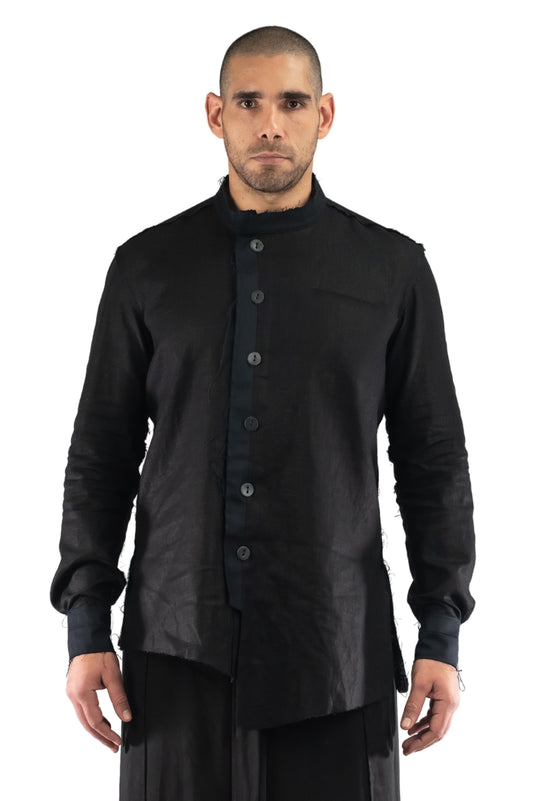 ZHANNAONA shirt with leather button linen cotton asymmetrical genrderfluid artisanal details Barcelona avant-garde