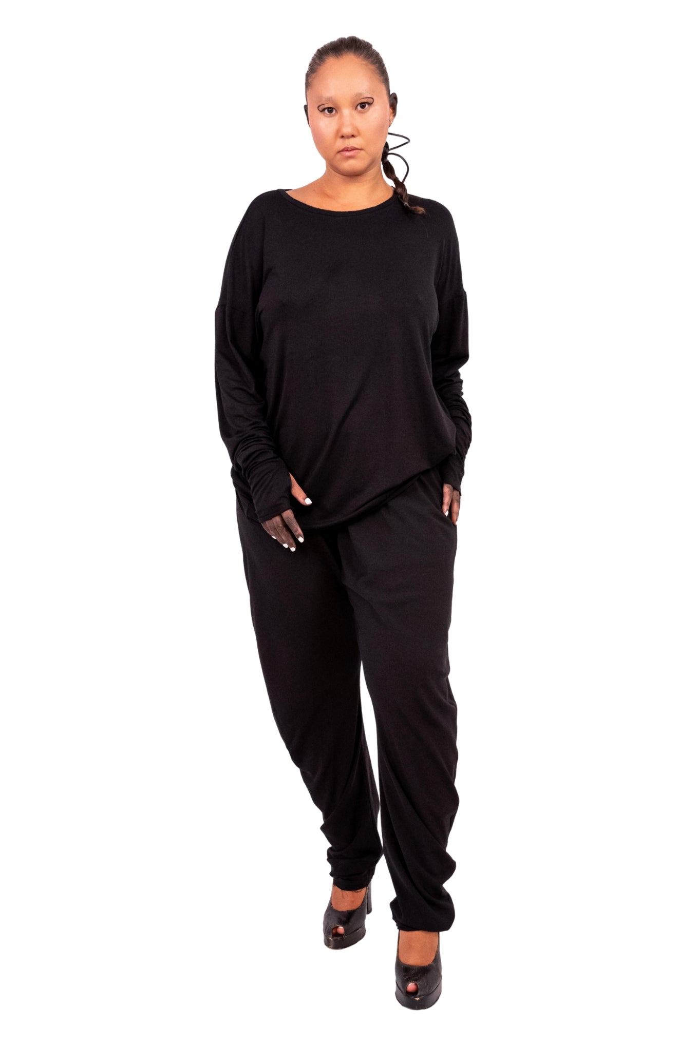 Black Asymmetric Long Sleeve ROME Shirt with Thumb Holes