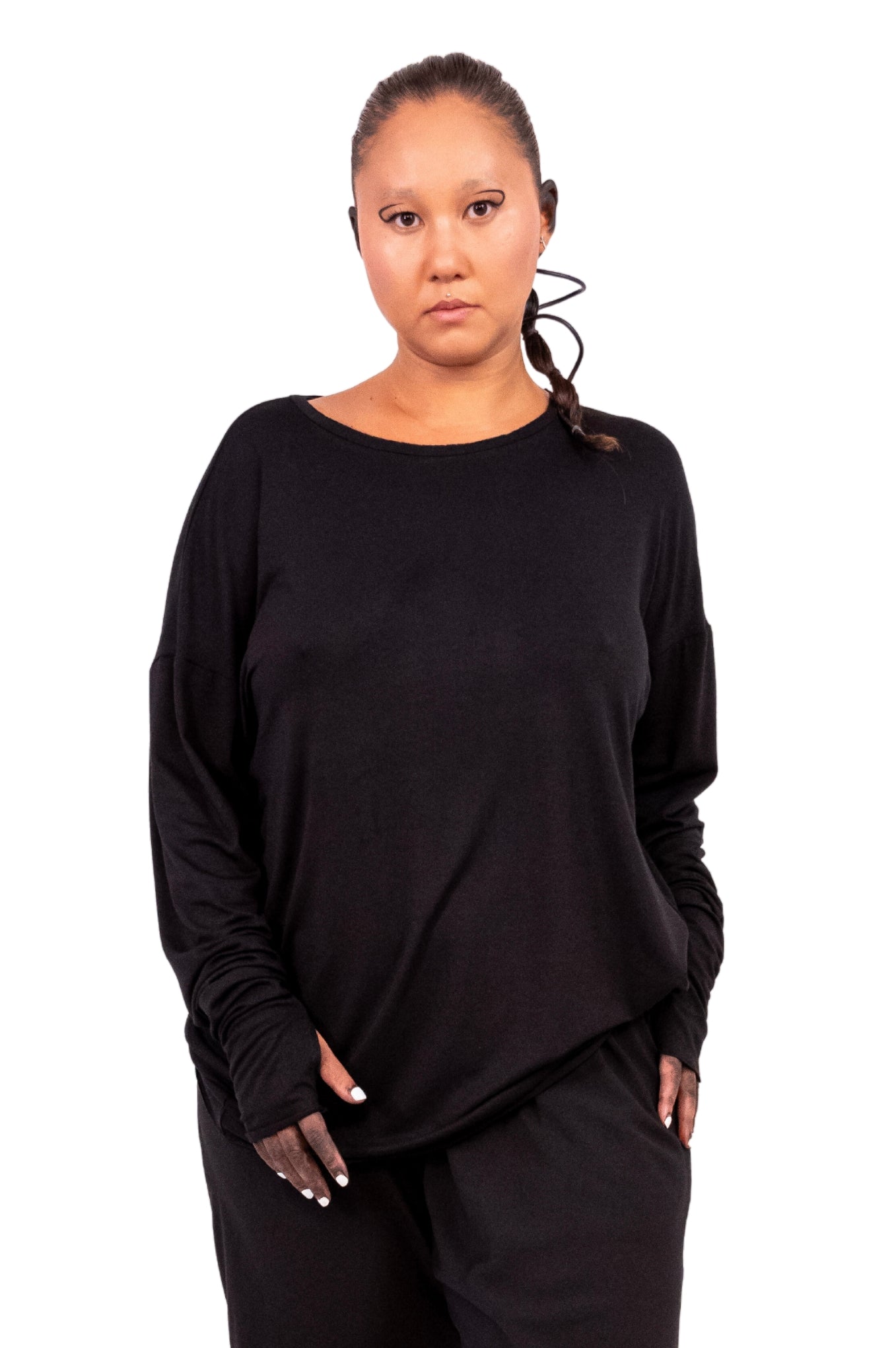 Black Asymmetric Long Sleeve ROME Shirt with Thumb Holes