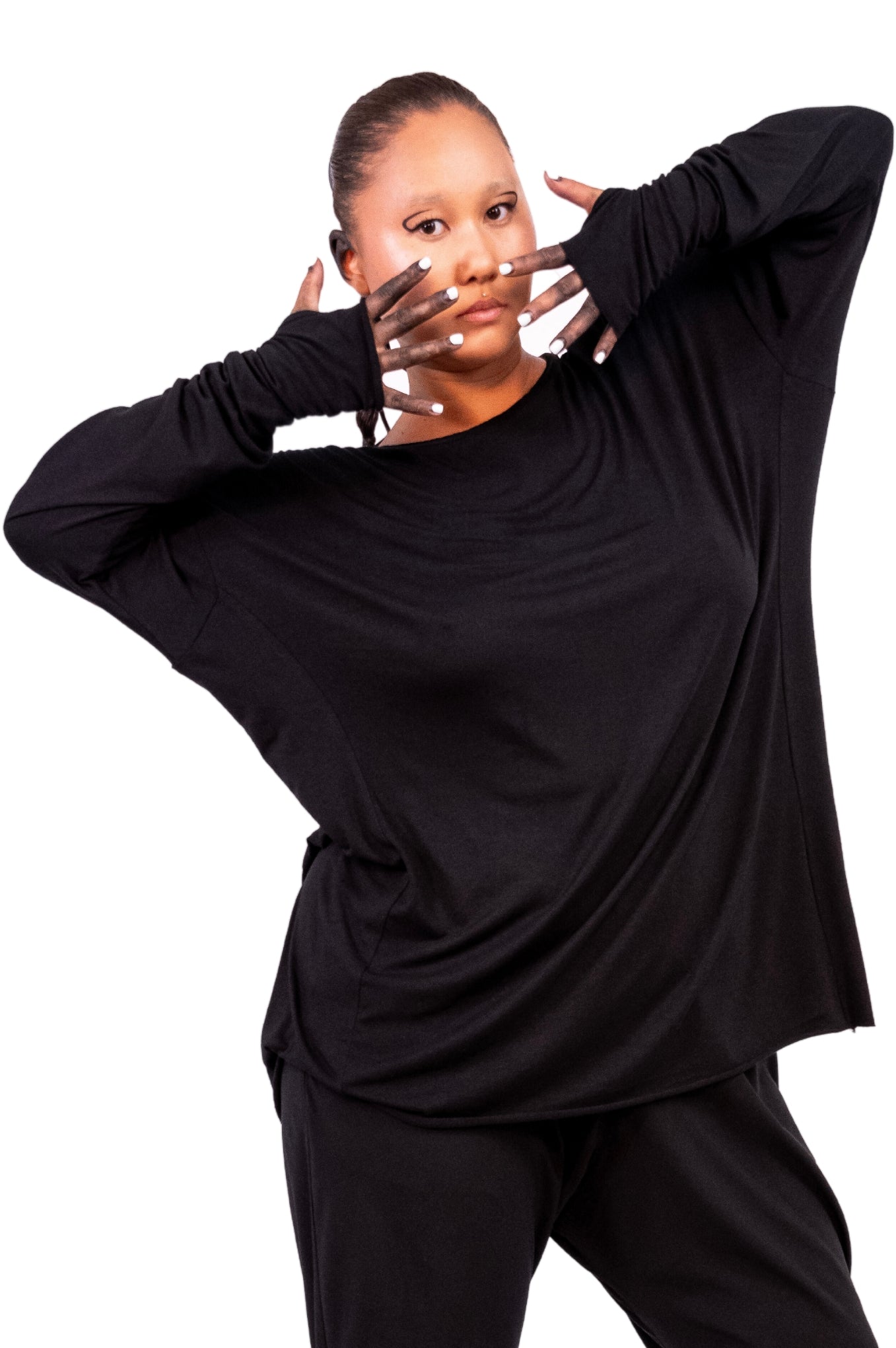 Black Asymmetric Long Sleeve ROME Shirt with Thumb Holes