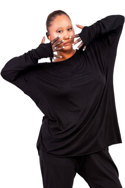 Black Asymmetric Long Sleeve ROME Shirt with Thumb Holes