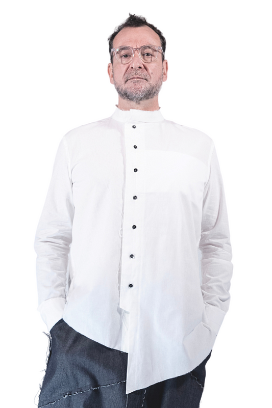 Twins Asymmetrical Shirt with Leather Buttons in WHITE Cotton
