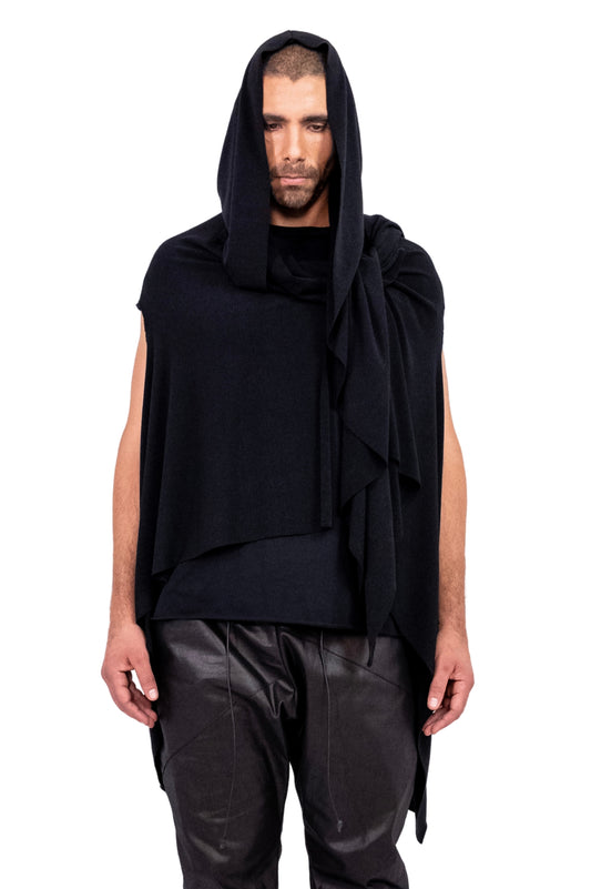 ZHANNAONA cardigan cape scarf black sleeveless hood jersey knit viscose spandex genderfluid low key luxury Barcelona avant-garde