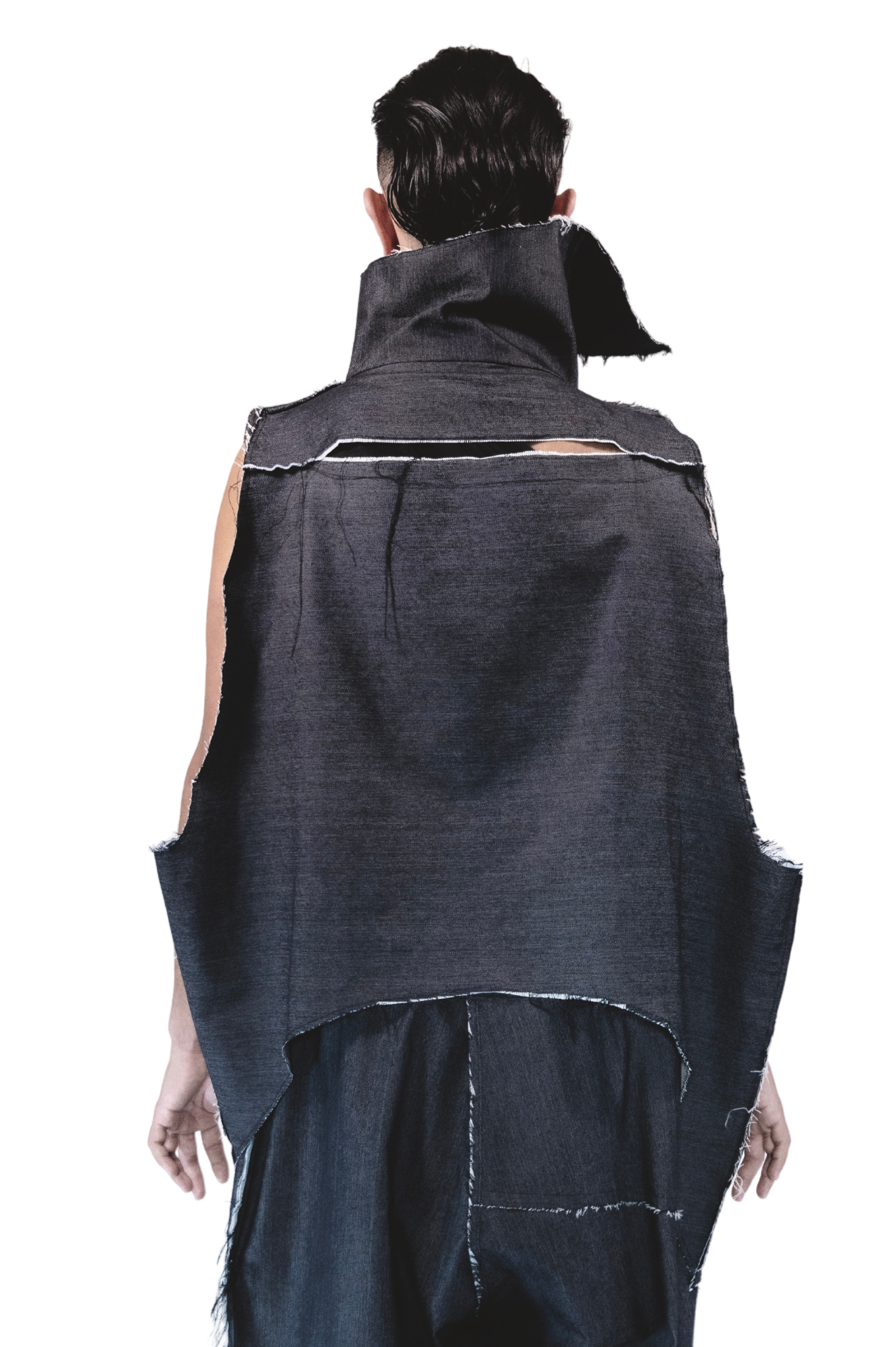 ZHANNAONA jacket denim cotton sleeveless asymmetrical transformable oversize genderfluid unisex visible seams futuristic style Barcelona avant-garde