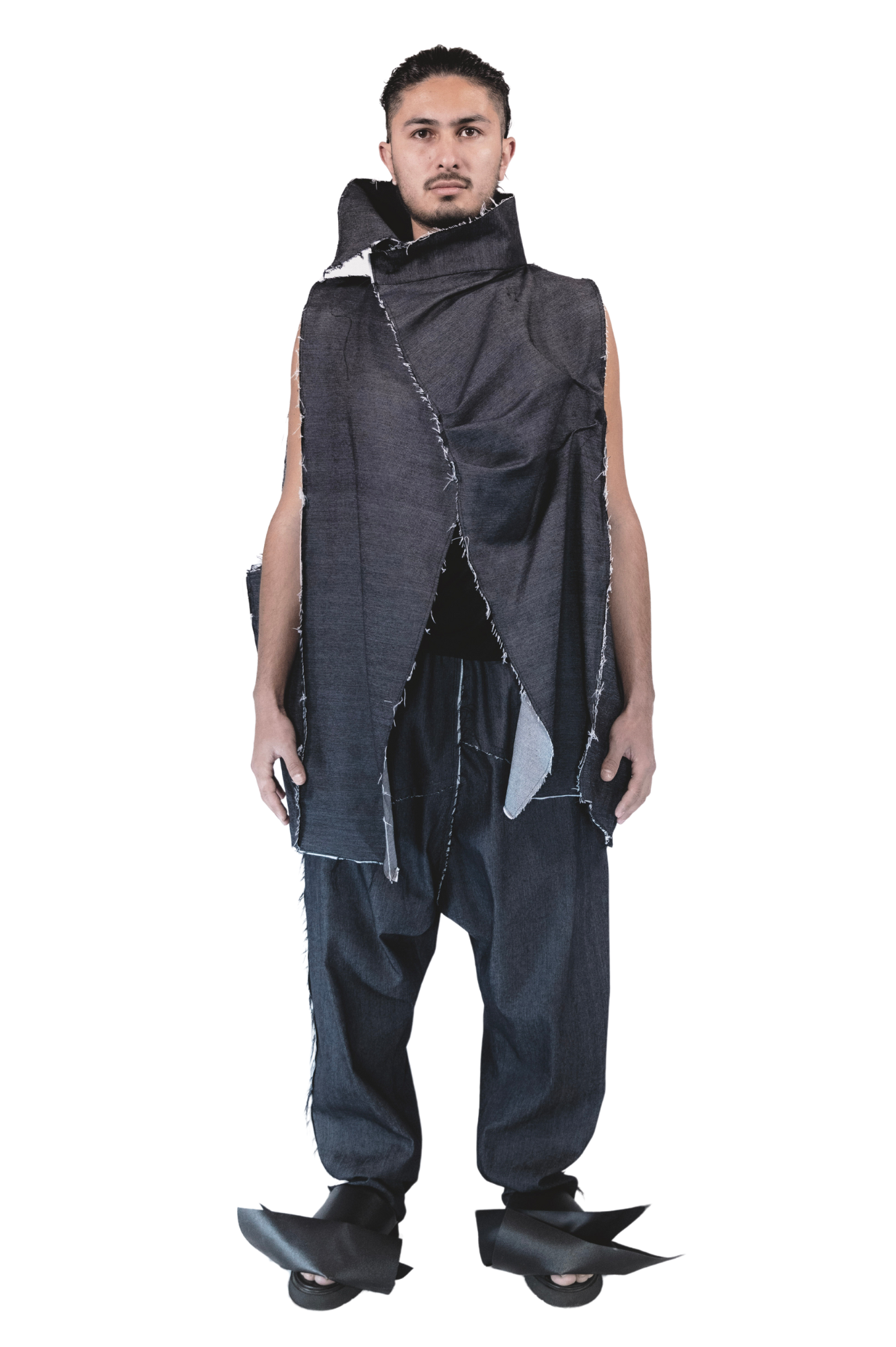 ZHANNAONA jacket denim cotton sleeveless asymmetrical transformable oversize genderfluid unisex visible seams futuristic style Barcelona avant-garde