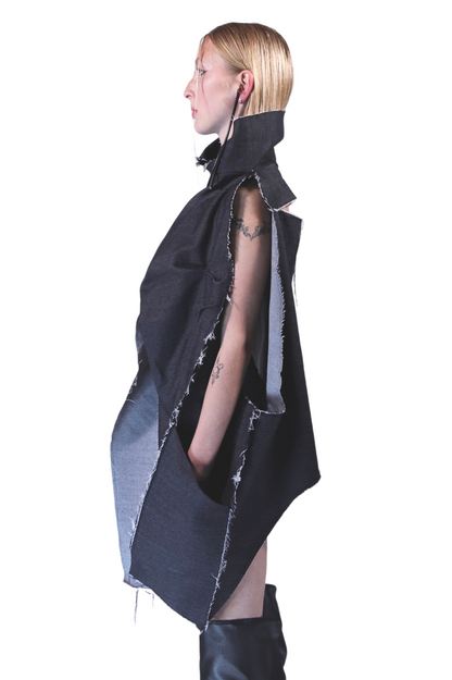 ZHANNAONA jacket denim cotton sleeveless asymmetrical transformable oversize genderfluid unisex visible seams futuristic style Barcelona avant-garde