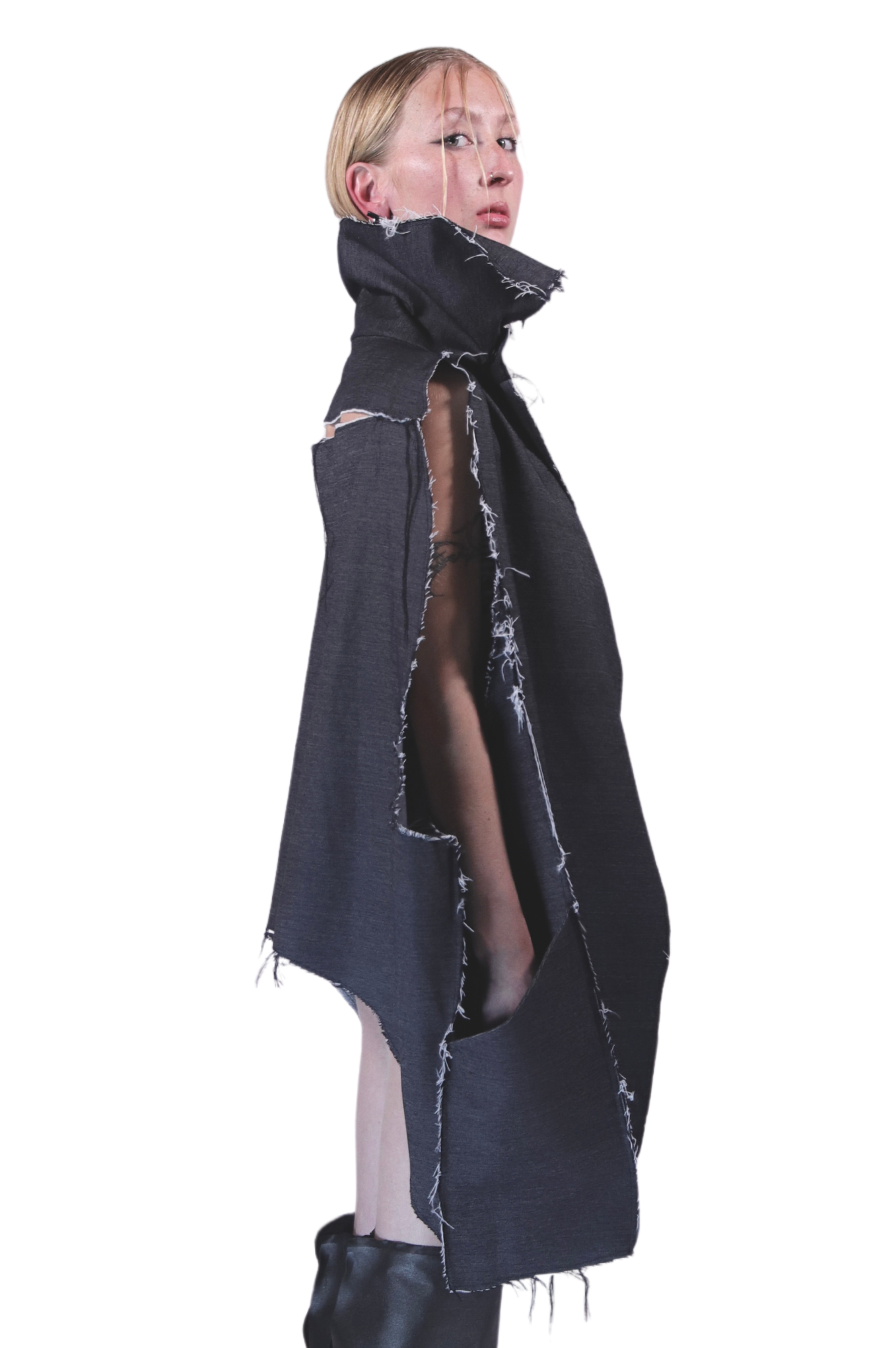 ZHANNAONA jacket denim cotton sleeveless asymmetrical transformable oversize genderfluid unisex visible seams futuristic style Barcelona avant-garde