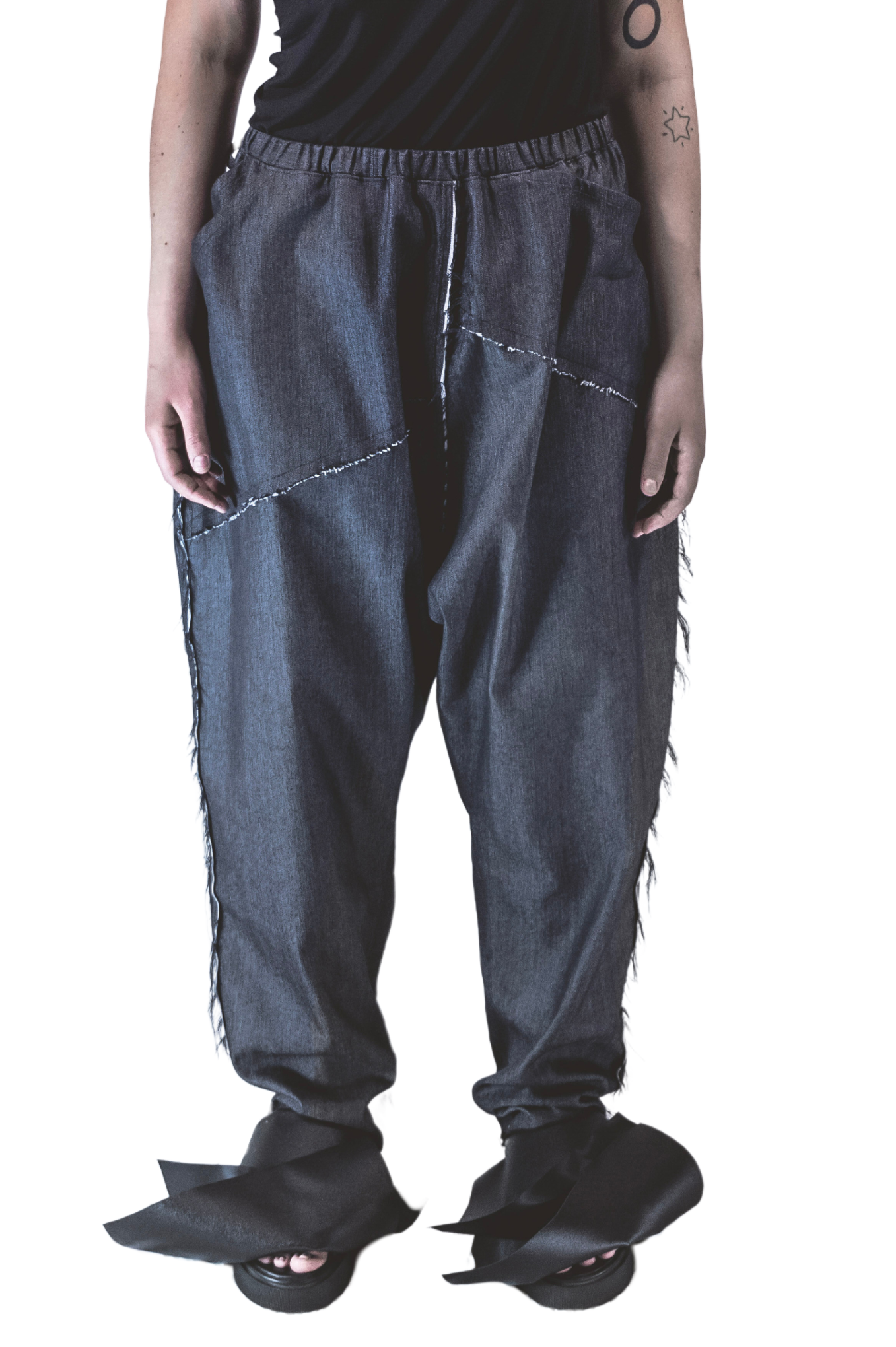 ZHANNAONA pants denim oversize cotton streetwear asymmetrical pocket with distopic details genderfluid unisex Barcelona avant-garde