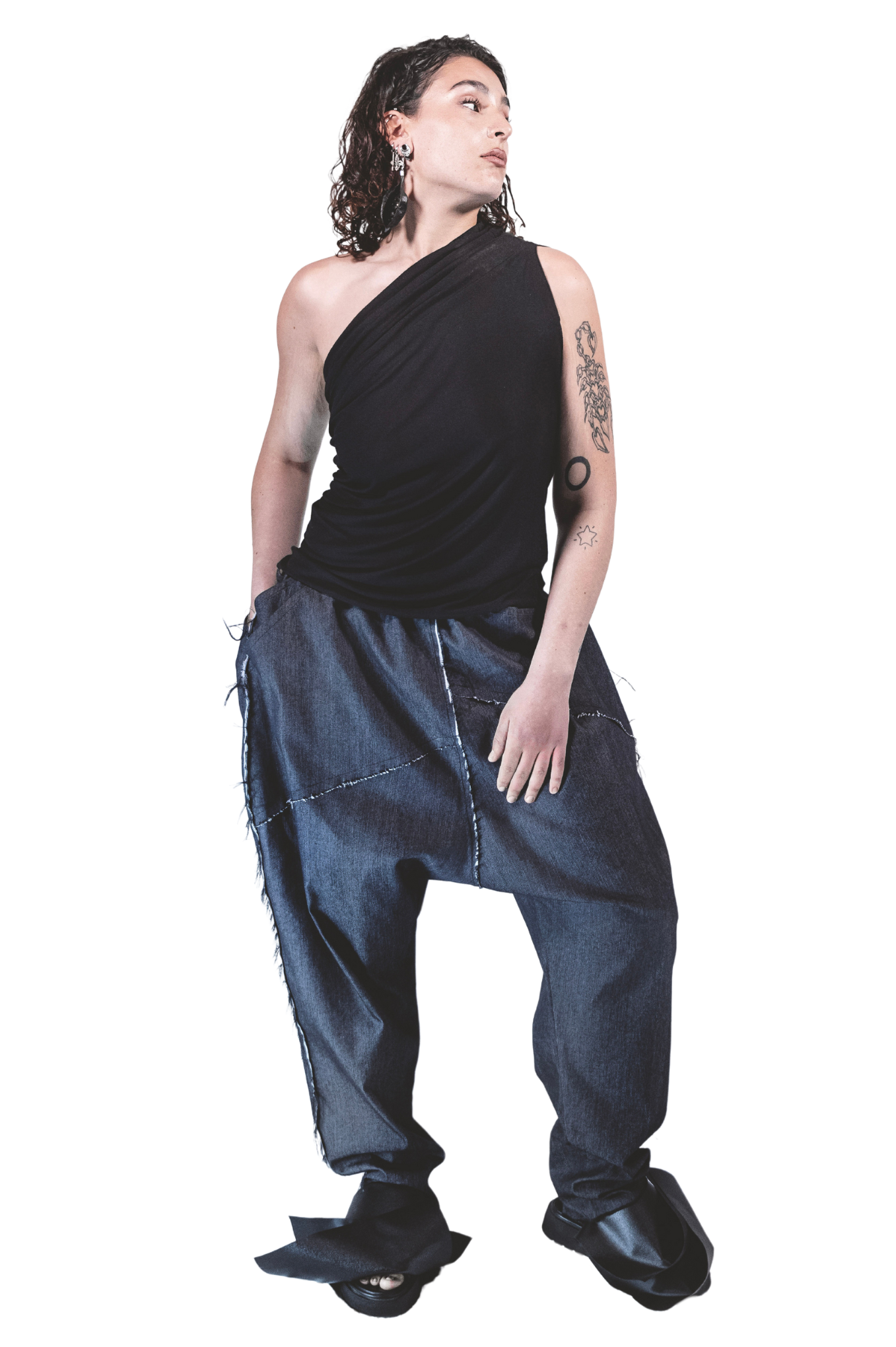 ZHANNAONA pants denim oversize cotton streetwear asymmetrical pocket with distopic details genderfluid unisex Barcelona avant-garde