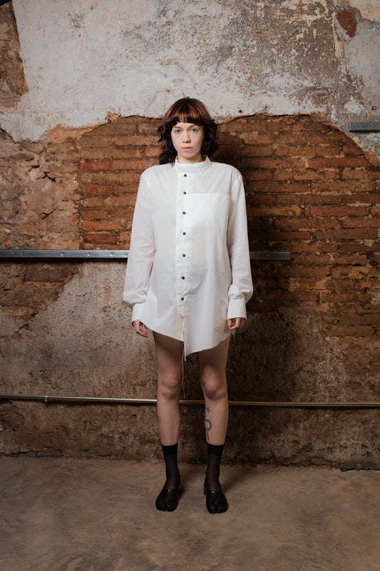 Twins Asymmetrical Shirt with Leather Buttons in WHITE Cotton