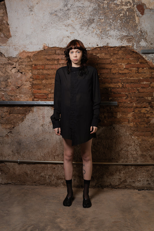 Twins Asymmetrical Shirt with Leather Buttons in BLACK Cotton