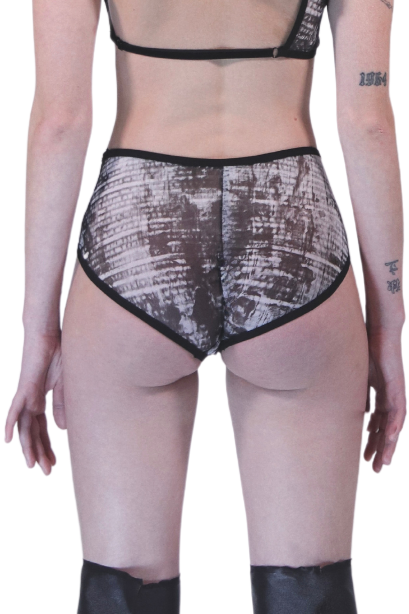 ZHANNAONA pantys mesh high waisted swimwear underwear transparent zero waste minimalist hand-painted print with architectural motifs unisex genderfluid Barcelona avant-garde