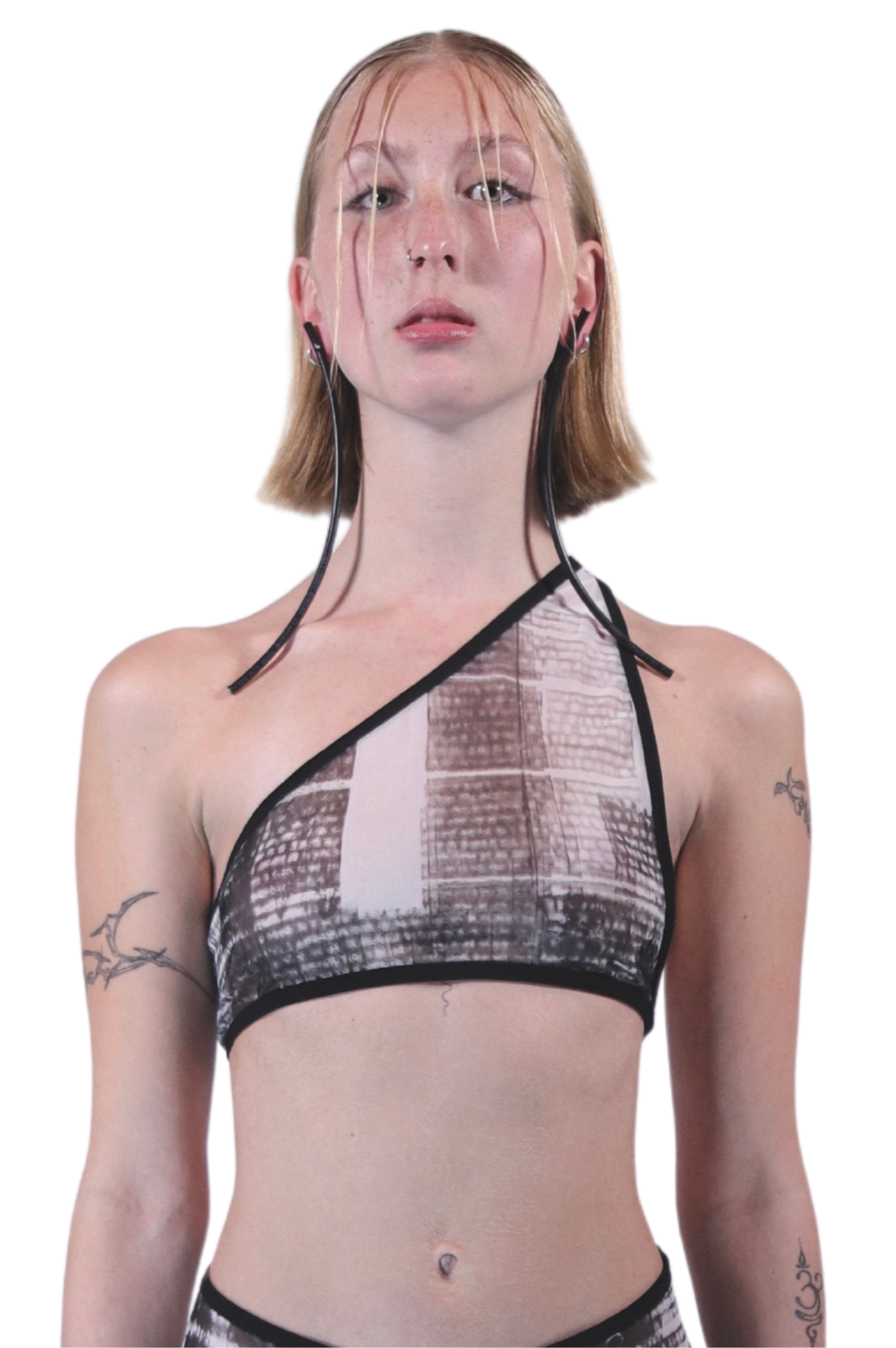 ZHANNAONA rave top mesh swimwear underwear transparent zero waste minimalist hand-painted print with architectural motifs unisex genderfluid Barcelona avant-garde