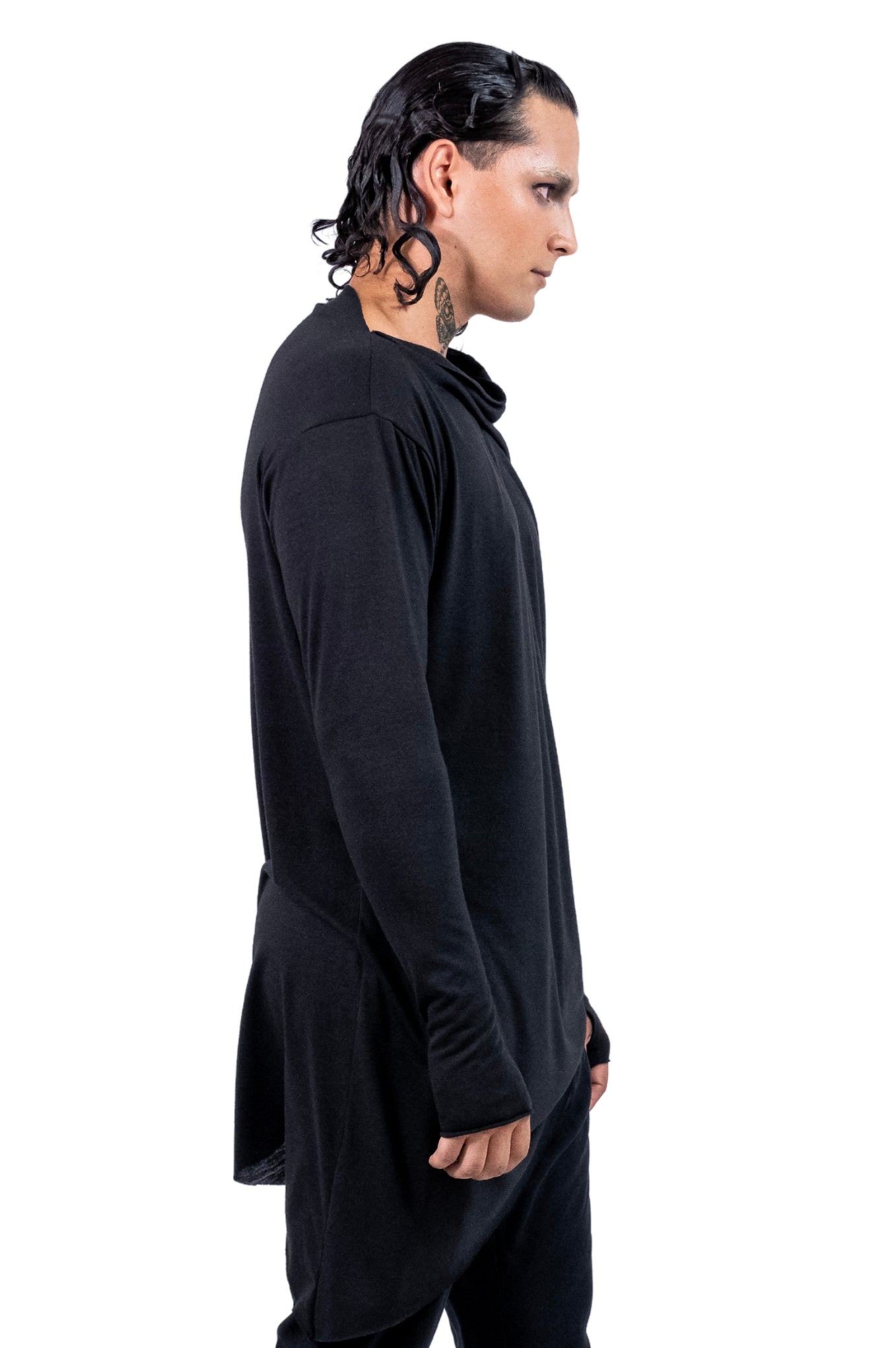 ZHANNAONA sweater dress black knit thumb holes asymmetrical minimalist drapped Barcelona avant-garde