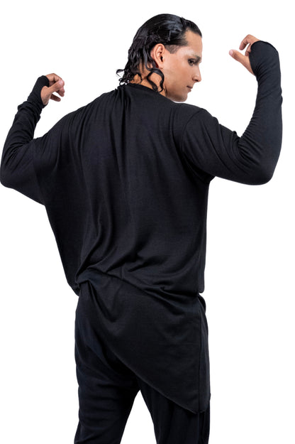 Skyline Asymmetric Knit Sweater in Black with Thumb Holes
