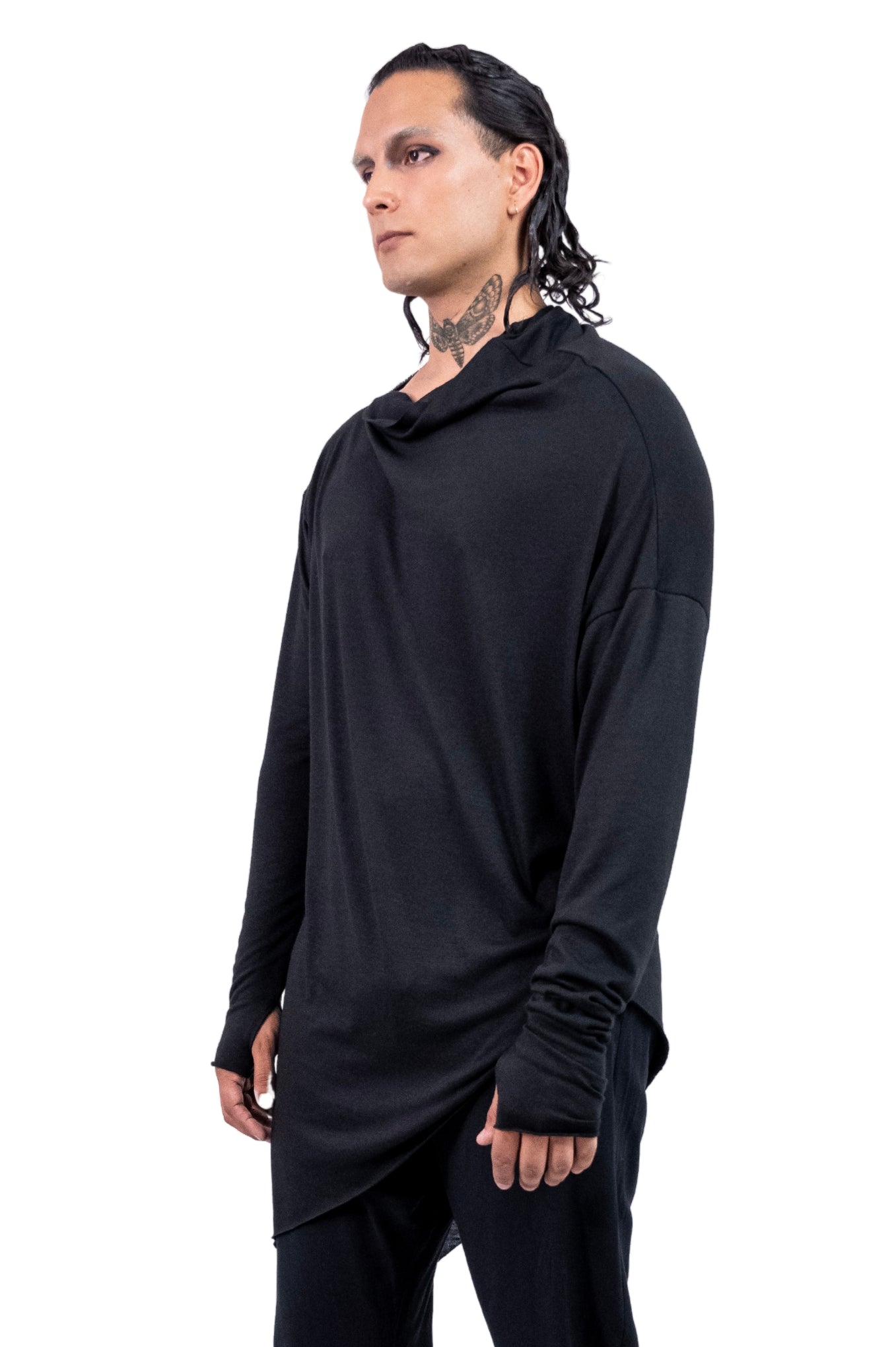 Skyline Asymmetric Knit Sweater in Black with Thumb Holes