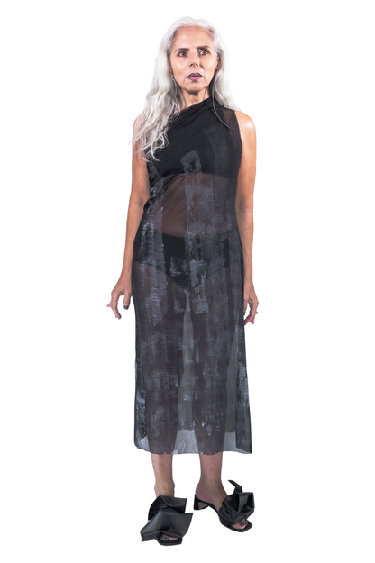 ZHANNAONA tube mesh dress transparent zero waste minimalist draping hand-painted artistic print with architectural motifs Barcelona avant-garde