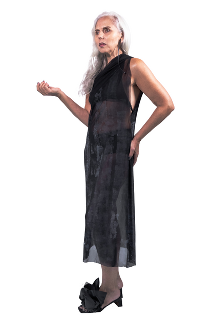 ZHANNAONA tube mesh dress transparent zero waste minimalist draping hand-painted artistic print with architectural motifs Barcelona avant-garde