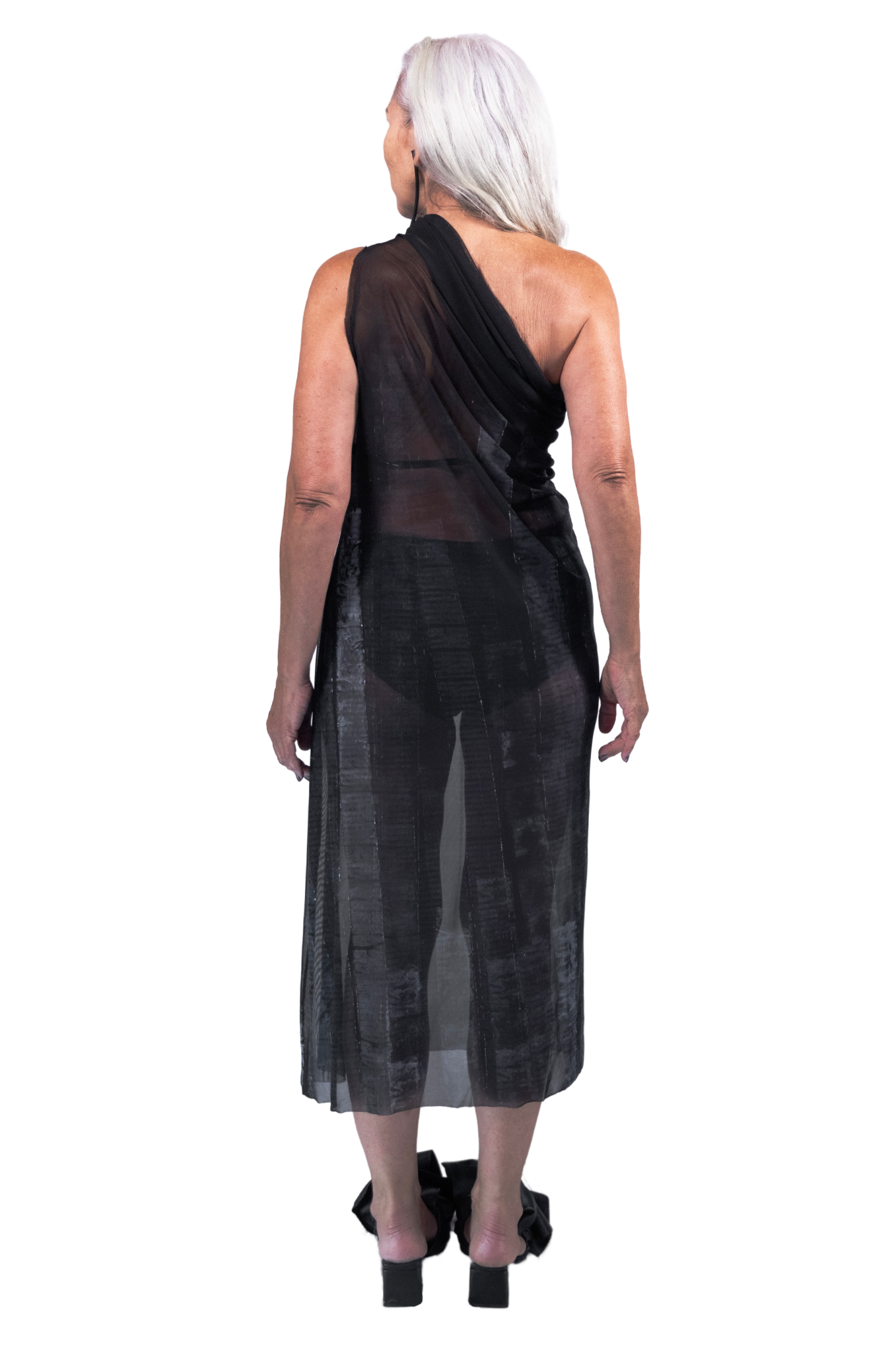 ZHANNAONA tube mesh dress transparent zero waste minimalist draping hand-painted artistic print with architectural motifs Barcelona avant-garde