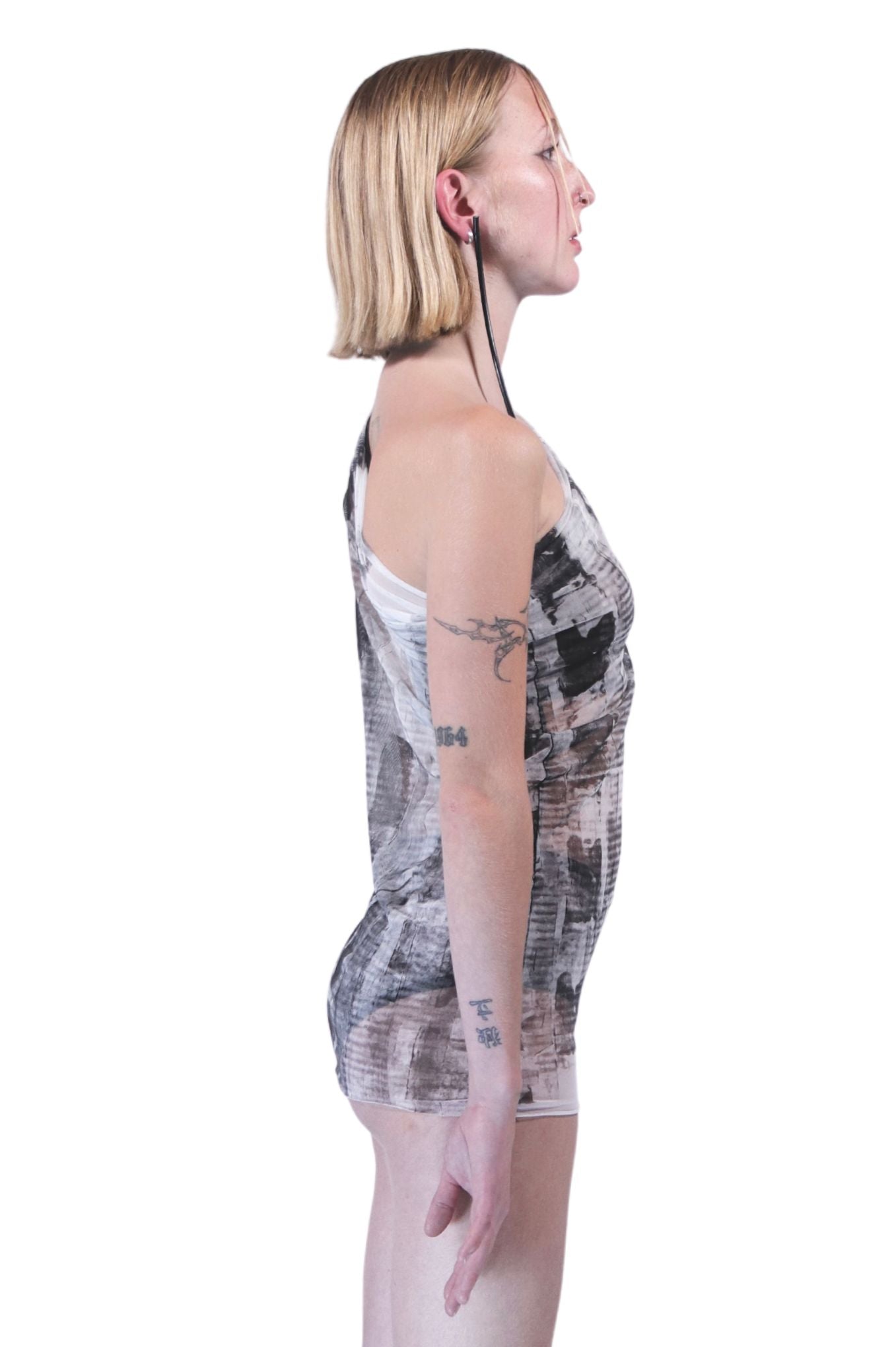 ZHANNAONA tube top mesh asymmetrical transparent zero waste minimalist hand-painted print with architectural motifs unisex genderfluid Barcelona avant-garde