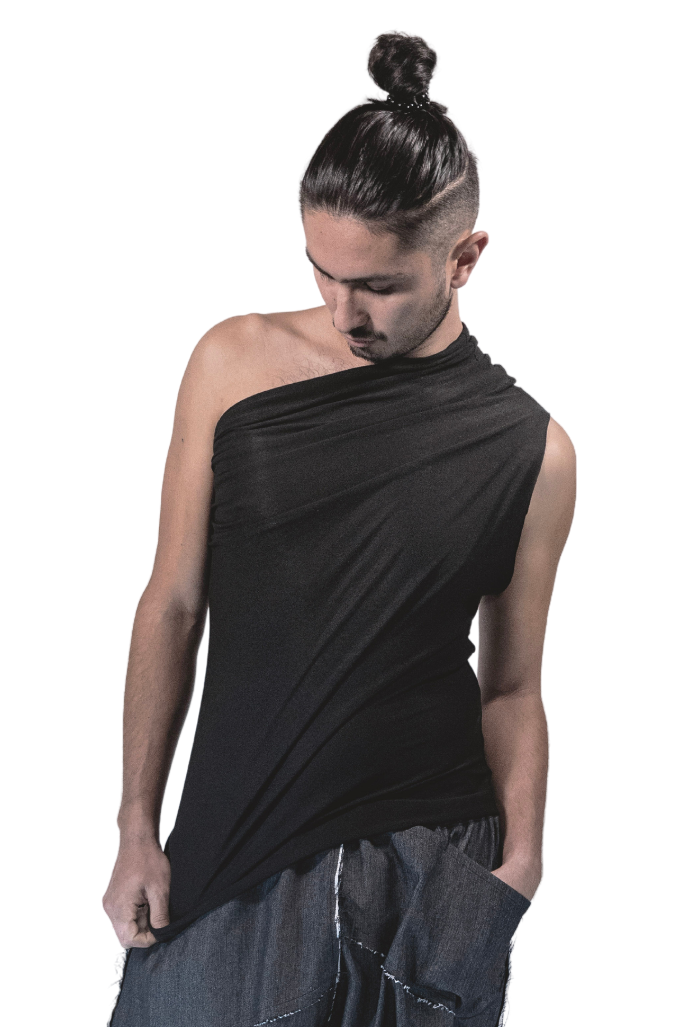 ZHANNAONA tube top black viscose knit  transformable minimalist unisex genderfluid Barcelona avant-garde