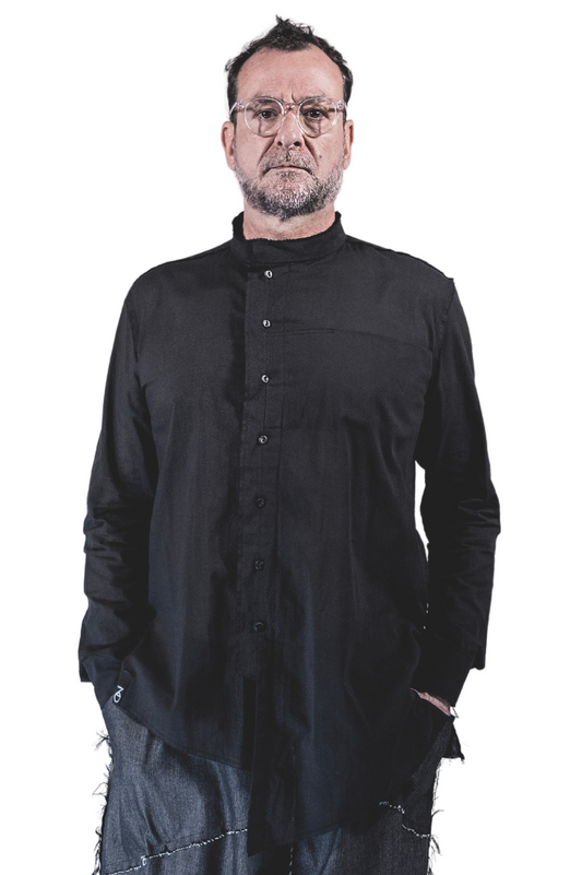 ZHANNAONA asymmetrical unisex linen shirt with leather buttons Barcelona avant-garde