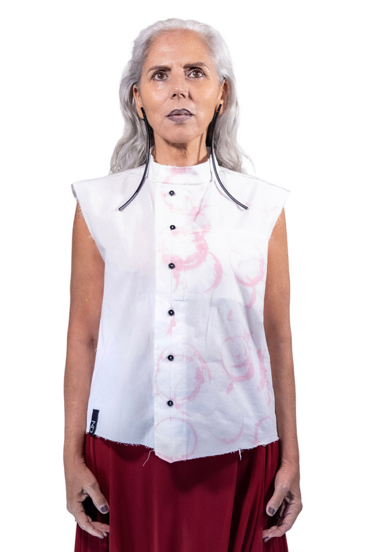 WINE Asymmetrical SLEEVELESS Shirt with Leather Buttons in WHITE Cotton