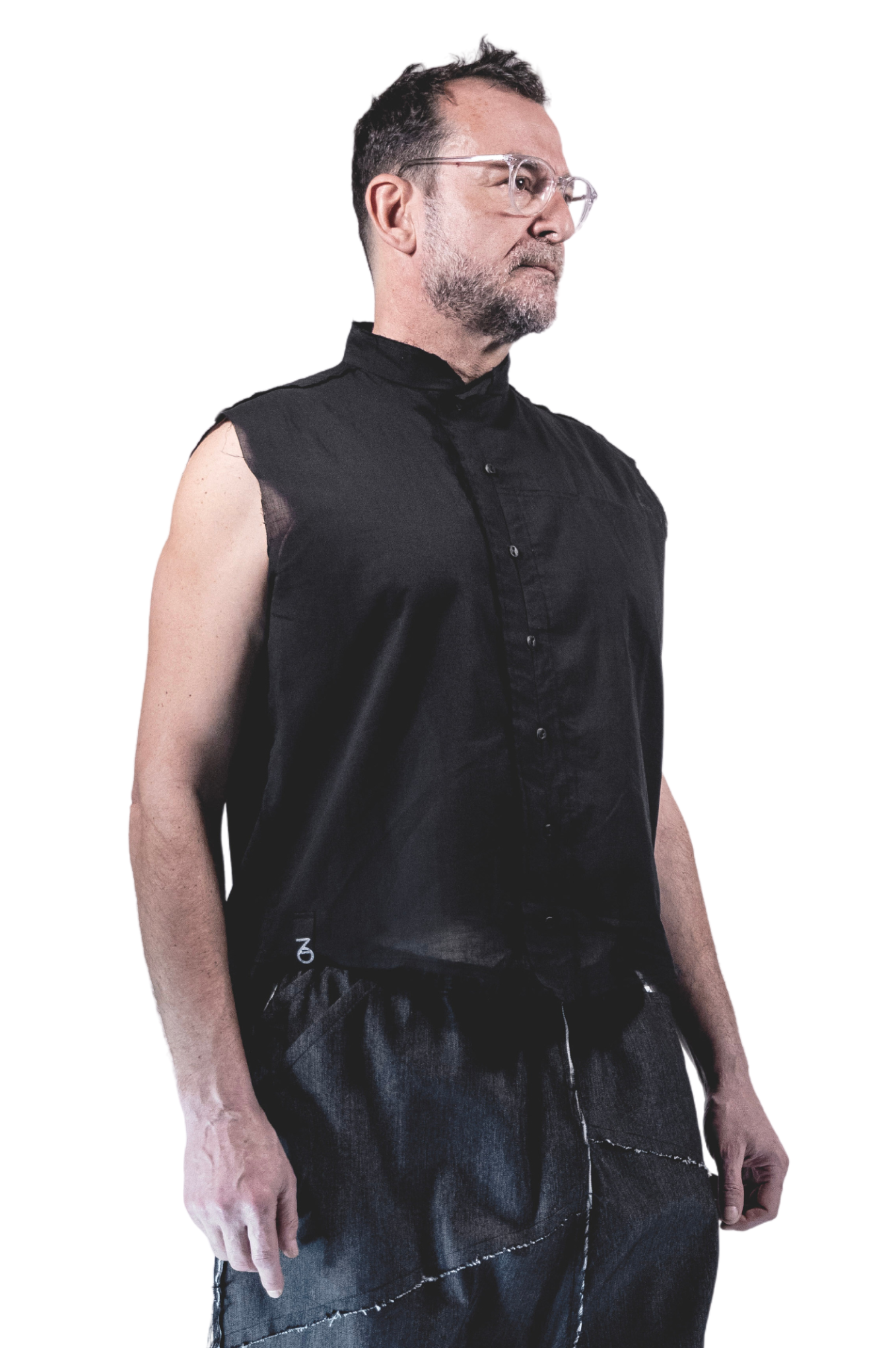 Asymmetrical SLEEVELESS Shirt with Leather Buttons in BLACK Cotton