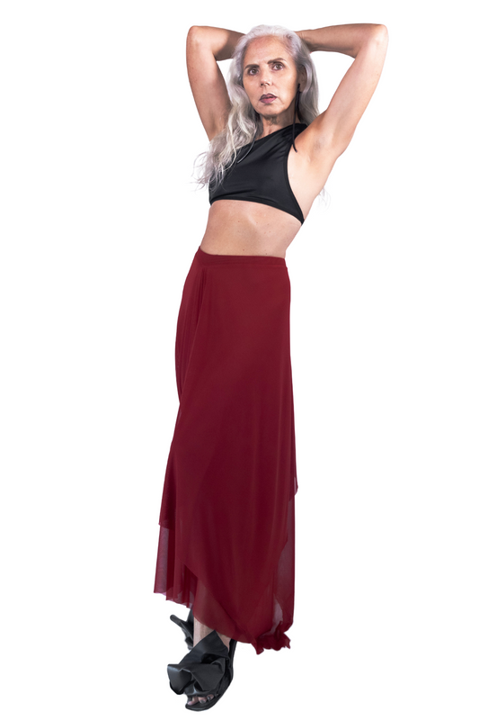 ZHANNAONA tube dress skirt wine transformable zero-waste fabric with draping Barcelona avant-garde