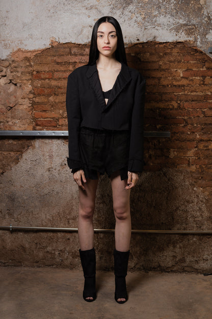 Frayed Crop Linen Blazer - ZHANNAONA | Partes de arriba