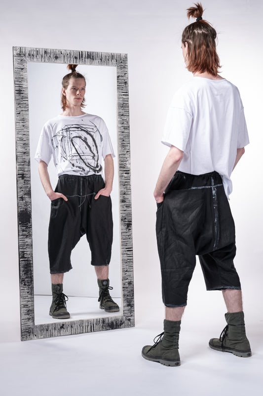 ZHANNAONA bermuda short pants Low-waisted hand-painted elements midseason and summer genderfluid unisex Barcelona avant-garde fashion