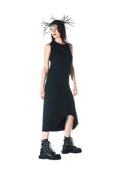 ZHANNAONA dress low cut black asymmetrical minimalist sensuality genderfluid unisex Barcelona avant-garde dark fashion