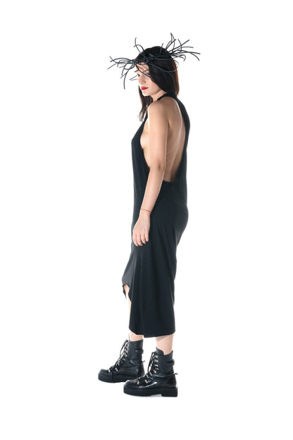 ZHANNAONA dress low cut black asymmetrical minimalist sensuality genderfluid unisex Barcelona avant-garde dark fashion