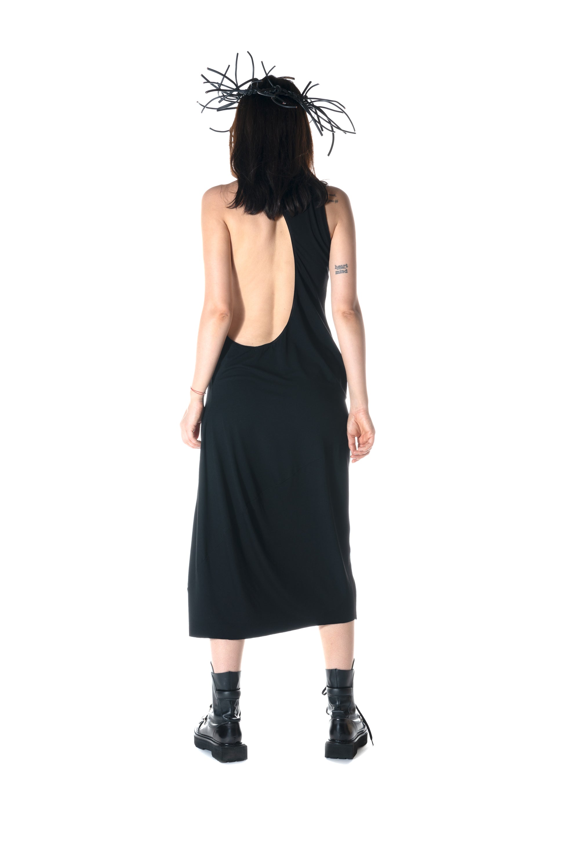 ZHANNAONA dress low cut black asymmetrical minimalist sensuality genderfluid unisex Barcelona avant-garde dark fashion