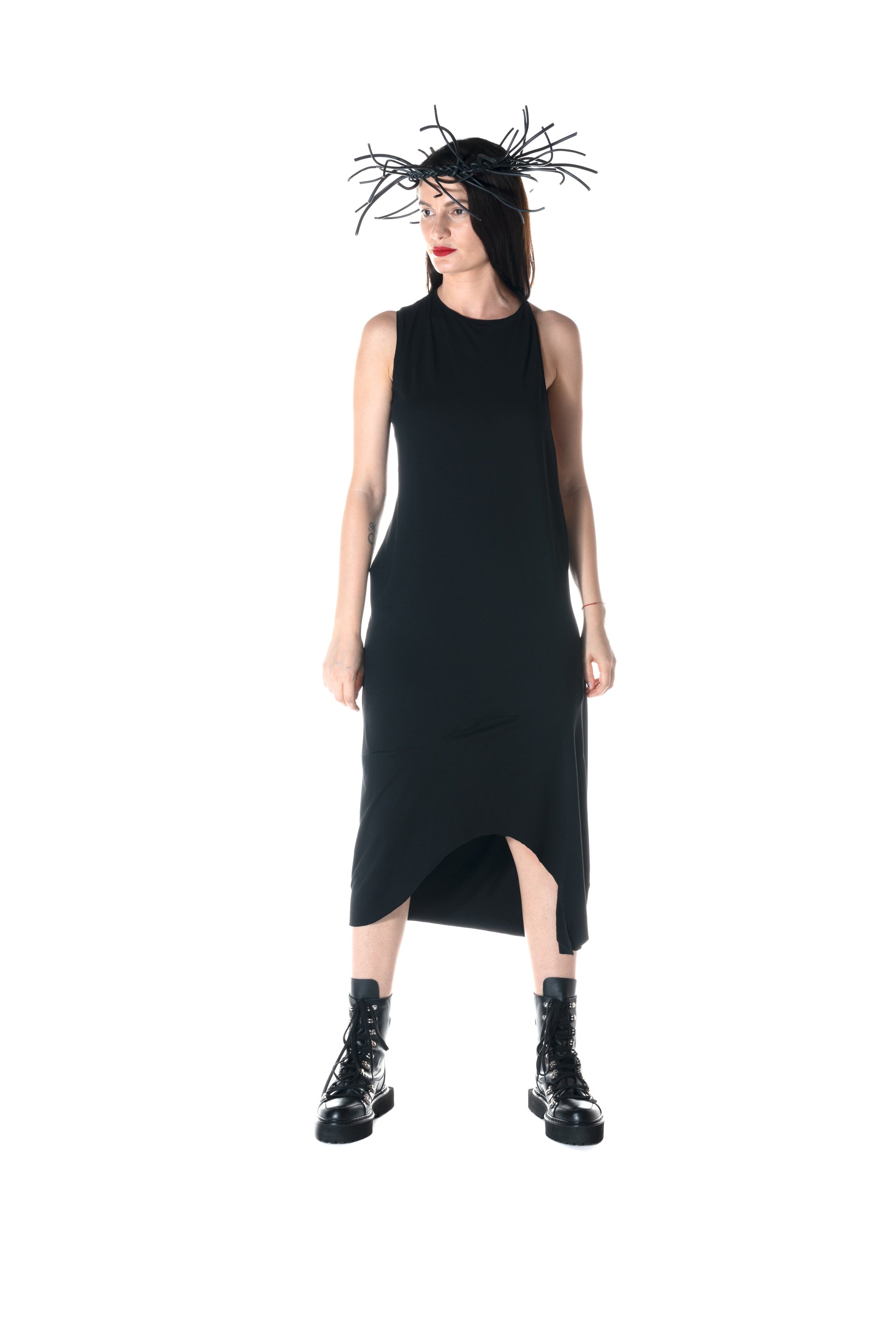 ZHANNAONA dress low cut black asymmetrical minimalist sensuality genderfluid unisex Barcelona avant-garde dark fashion