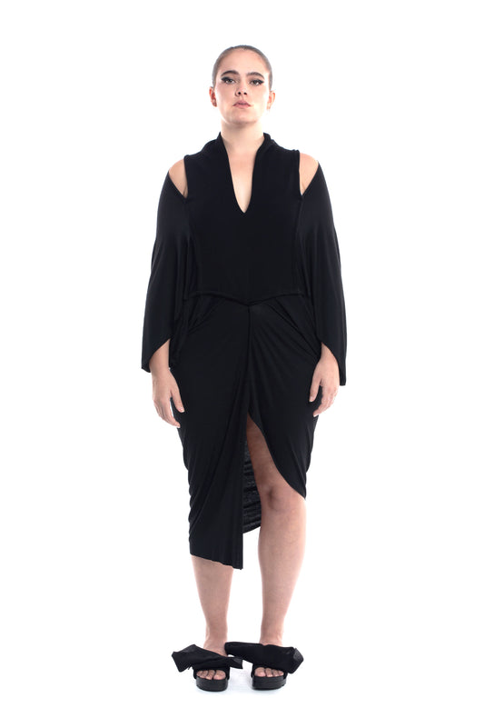 ZHANNAONA dress draped black soft viscose jersey elegant look minimalist genderfluid unisex oversize Barcelona avant-garde fashion