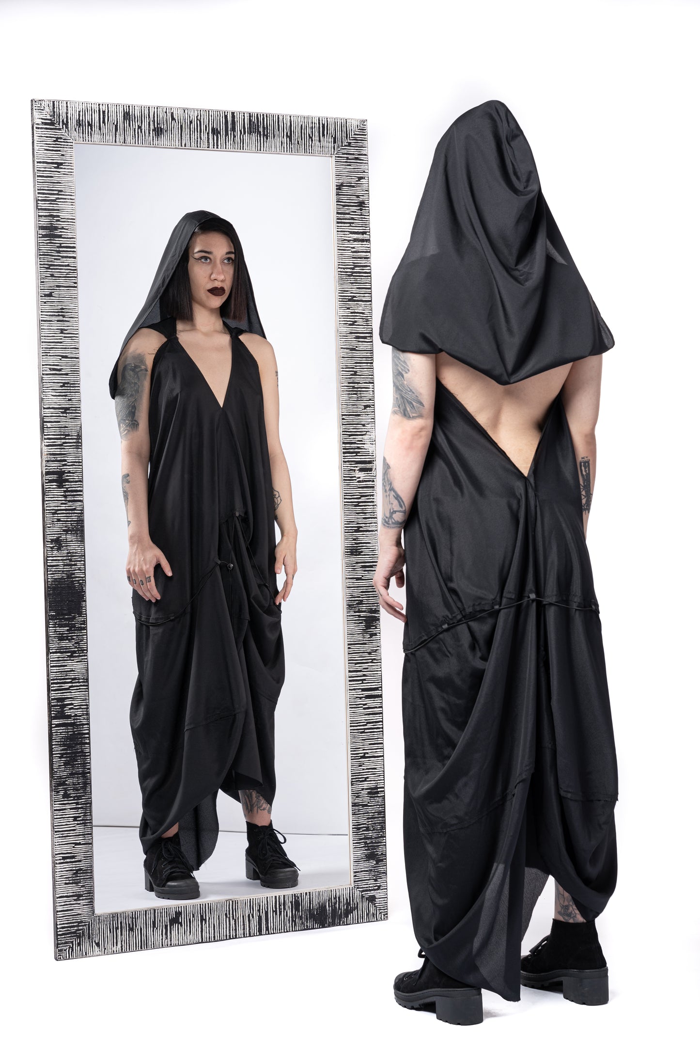 ZHANNAONA dress hooded black transformable draping genderfluid unisex Barcelona avant-garde fashion