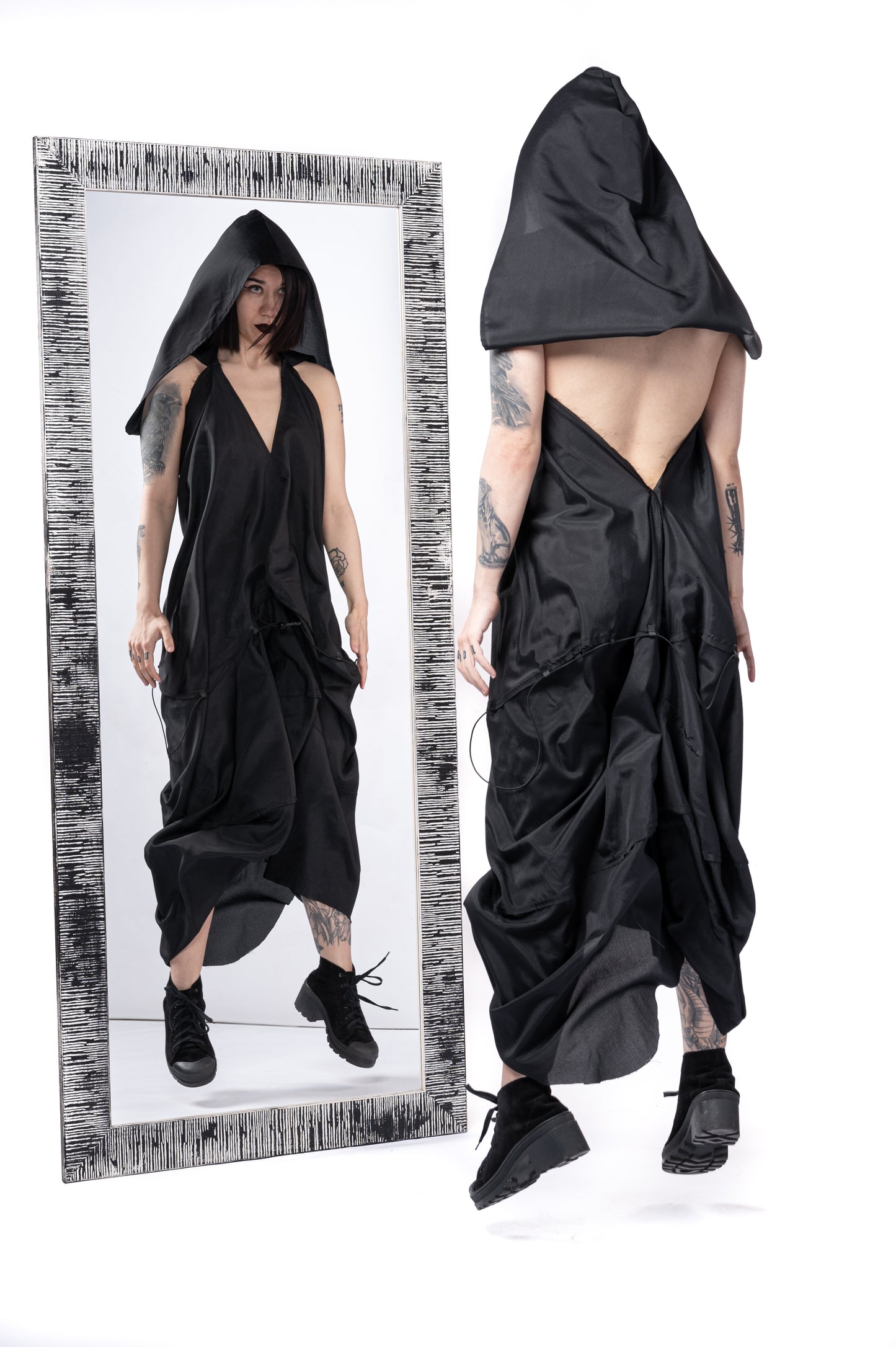 ZHANNAONA dress hooded black transformable draping genderfluid unisex Barcelona avant-garde fashion