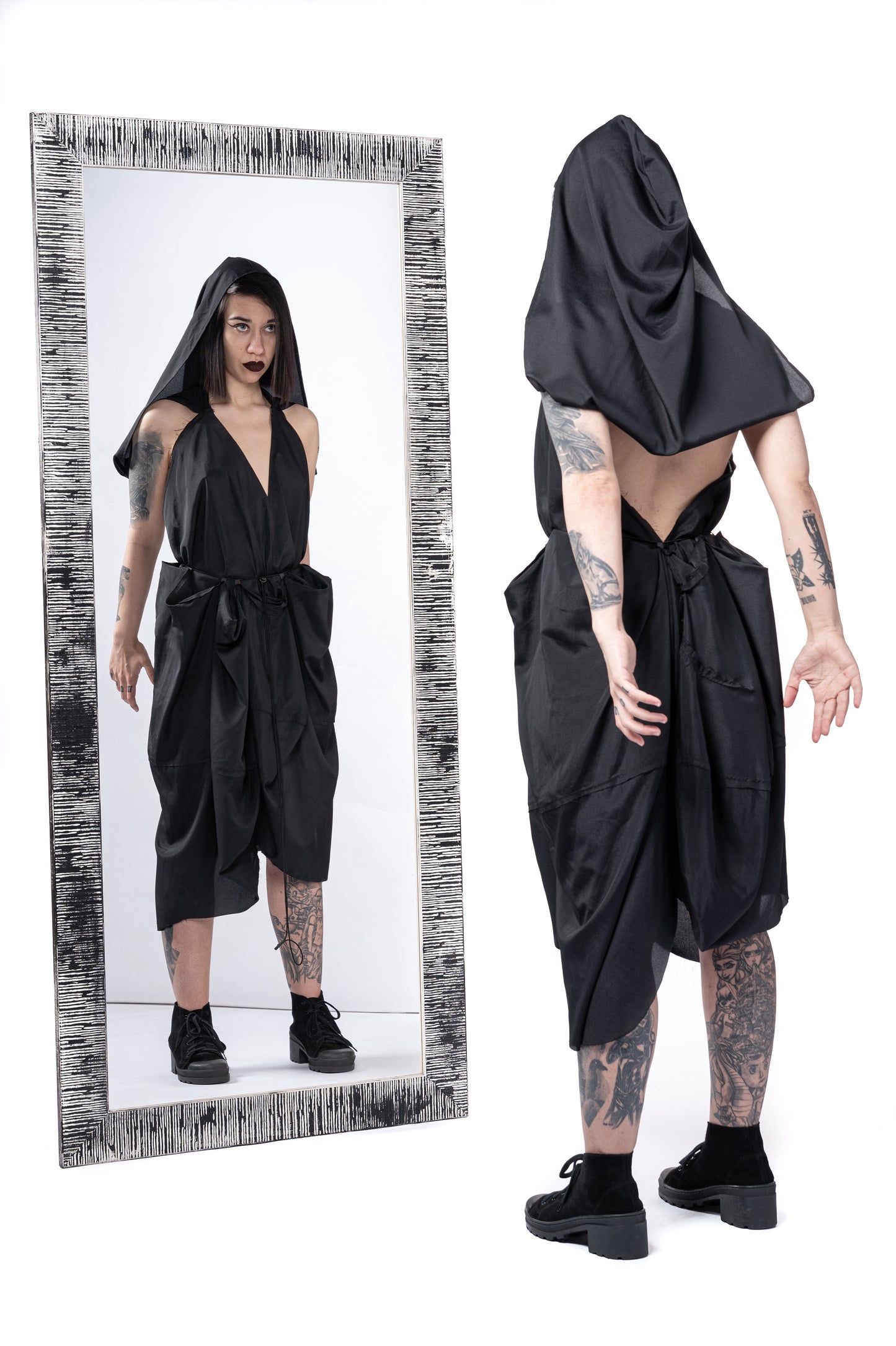 ZHANNAONA dress hooded black transformable draping genderfluid unisex Barcelona avant-garde fashion