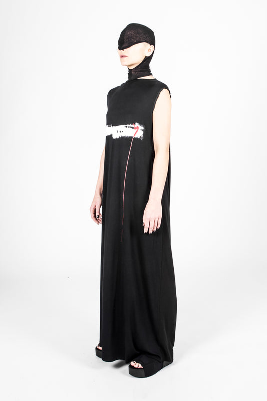 ZHANNAONA long dress black low cut handmade brushstroke shaped back waterfall genderlfuid unisex Barcelona avant-garde fashion