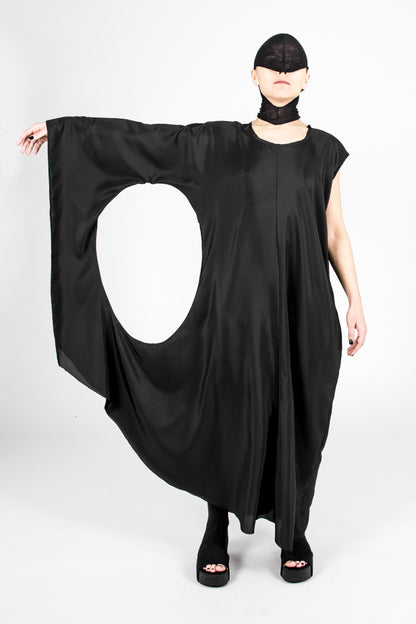 ZHANNAONA parties gala dress hole black polyester asymmetrical genderfluid unisex oversize Barcelona avant-garde fashion