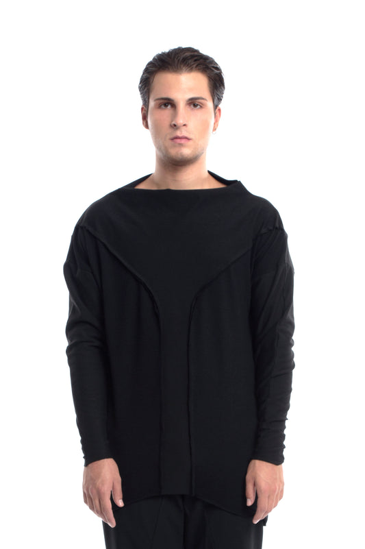 ZHANNAONA sweater jersey black viscose knit boat neck oversize minimalist genderfluid Barcelona avant-garde fashion