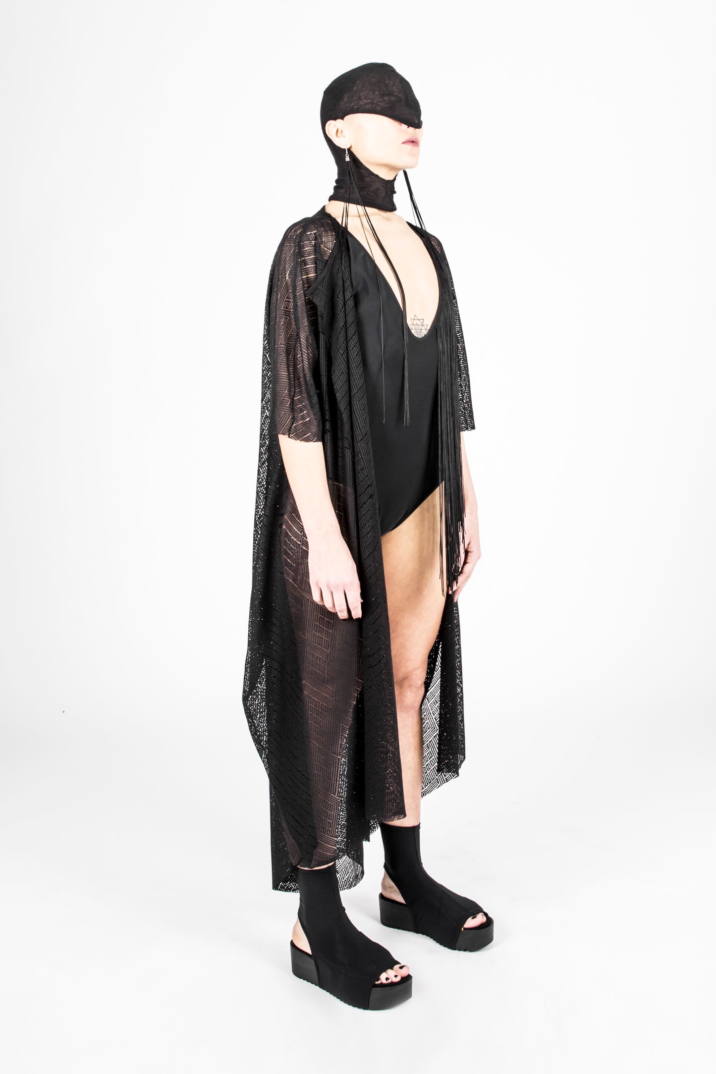 ZHANNAONA swimwear cover up Long kimono cape Polyamide black cardigan-type summer jacket genderfluid unisex oversize Barcelona avant-garde fashion